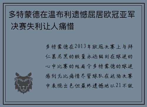 多特蒙德在温布利遗憾屈居欧冠亚军 决赛失利让人痛惜 多特蒙德在温布利遗憾屈居欧冠亚军 决赛失利让人痛惜